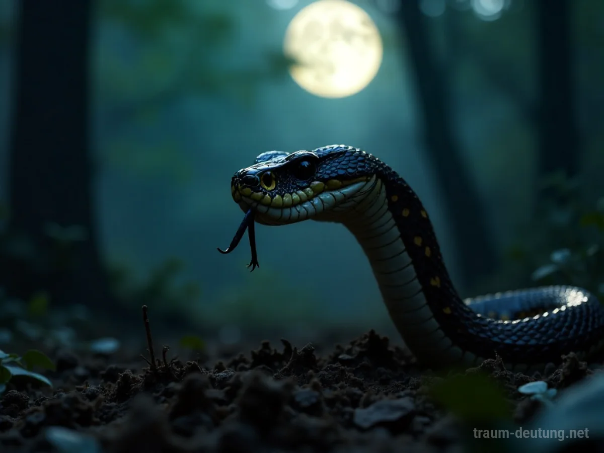 Traumsymbol Zischen: Der Kopf einer Viper mit züngelnder Zunge erscheint aus dunkler Erde im Mondlicht, umgeben von Nebel.