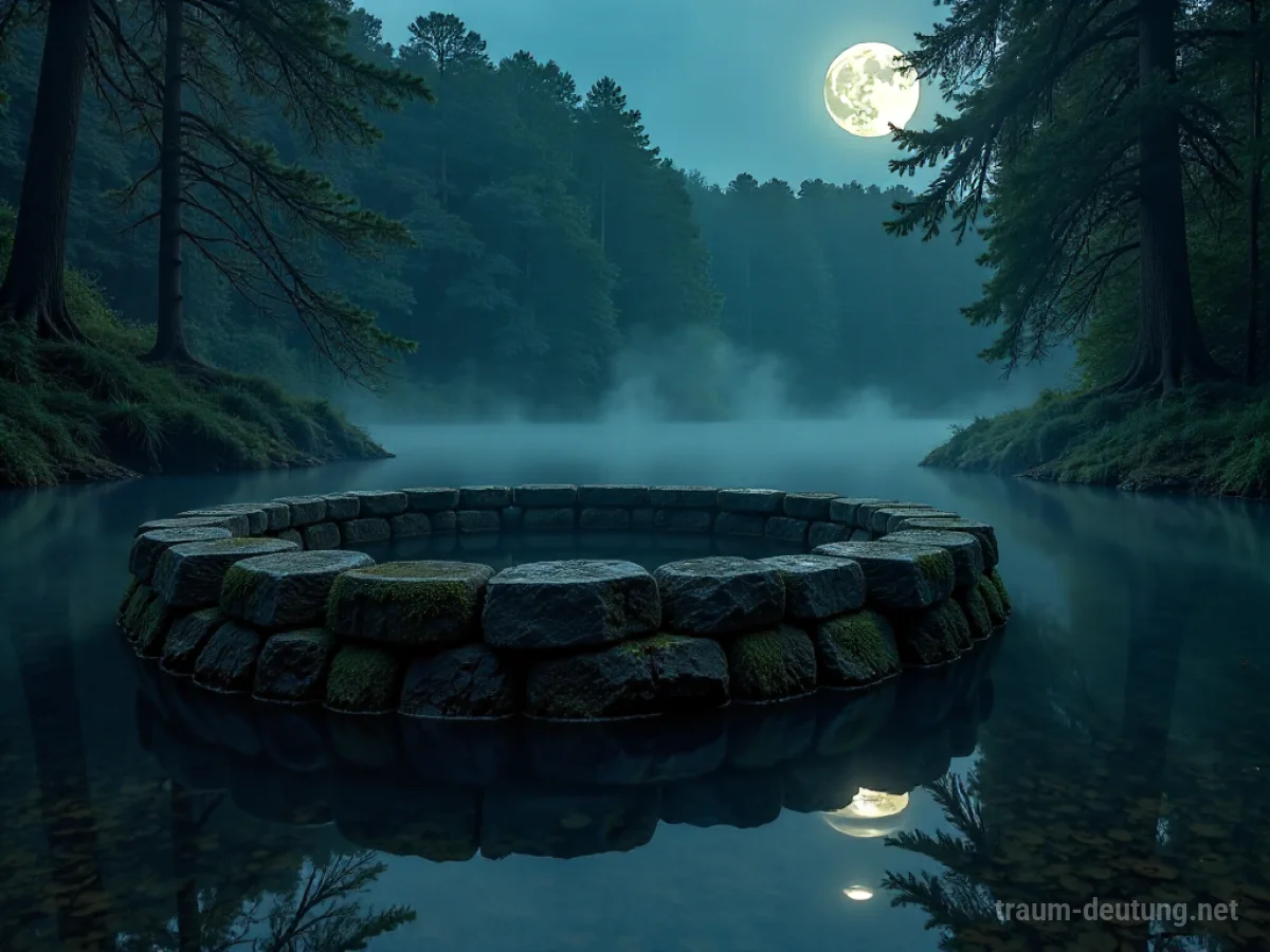 Traumsymbol Zisterne: Eine alte, moosbewachsene Steinzisterne ragt aus einem dunklen, stillen See im Mondlicht, umgeben von einem nächtlichen Wald.