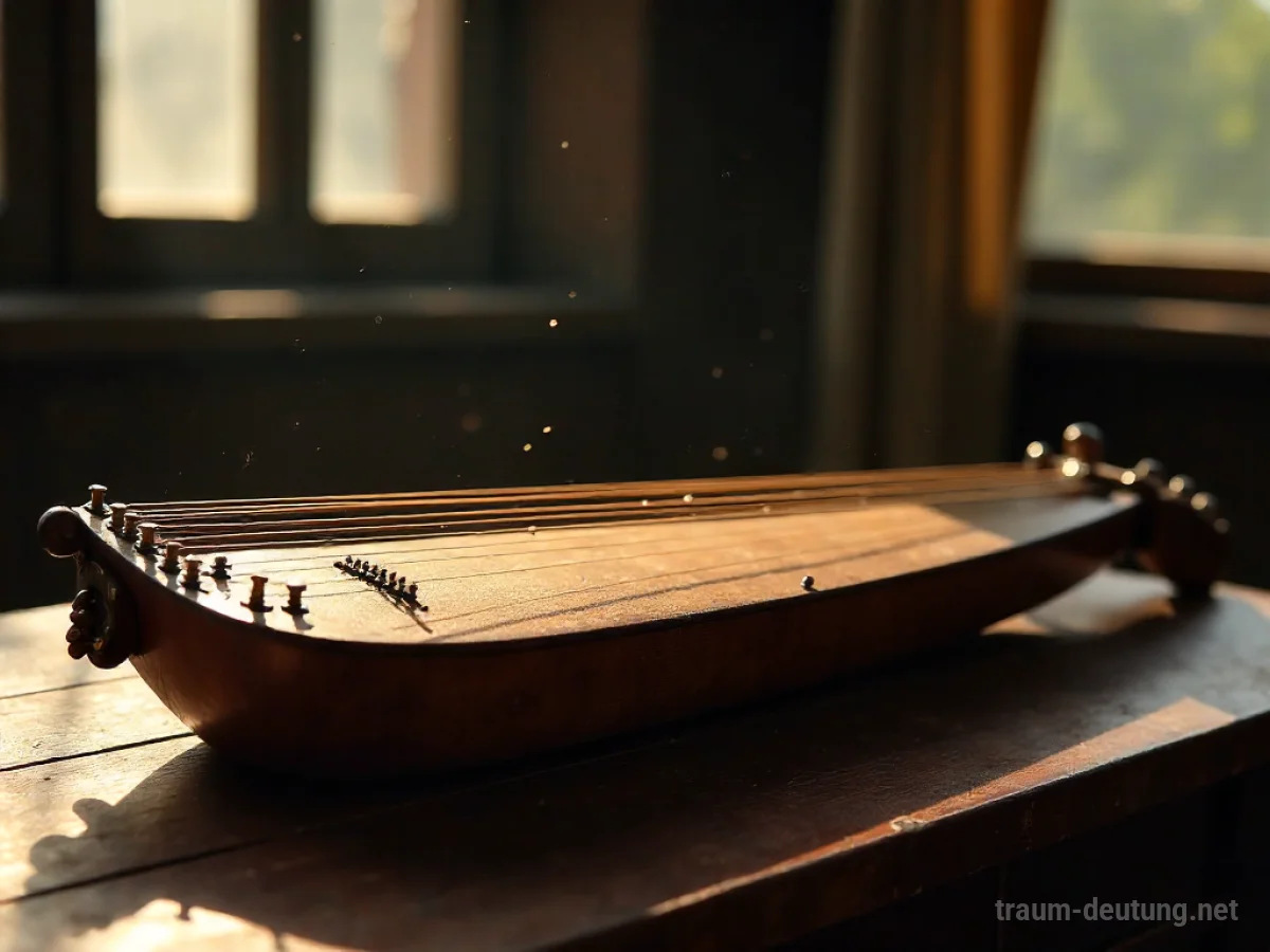 Traumsymbol Zither: Eine antike Zither auf einem Holztisch in einem schwach beleuchteten Raum, deren Saiten im warmen Licht schimmern.
