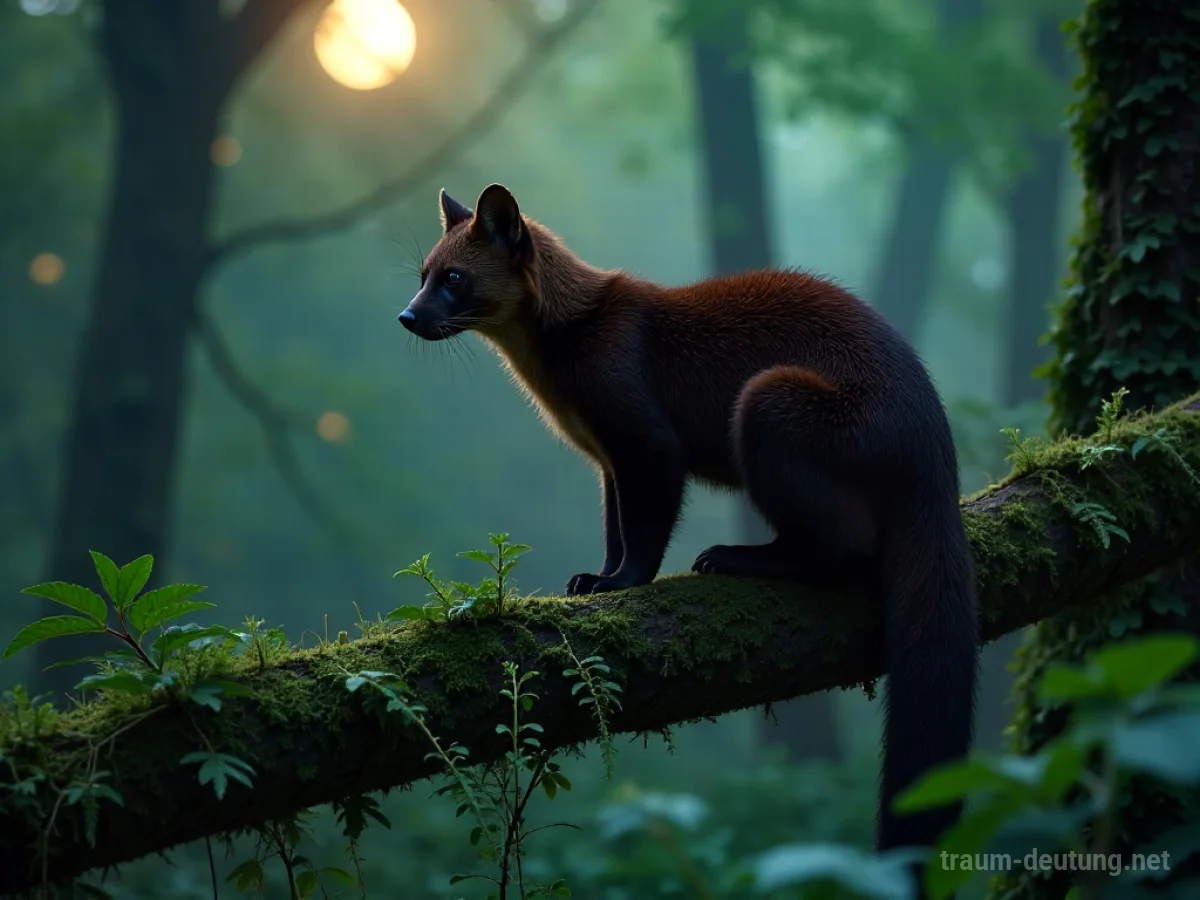 Traumsymbol Zobel: Ein Zobel mit glänzendem, dunkelbraunem Fell sitzt wachsam auf einem moosbewachsenen Ast in einem dichten Wald, beleuchtet von sanftem Mondlicht.
