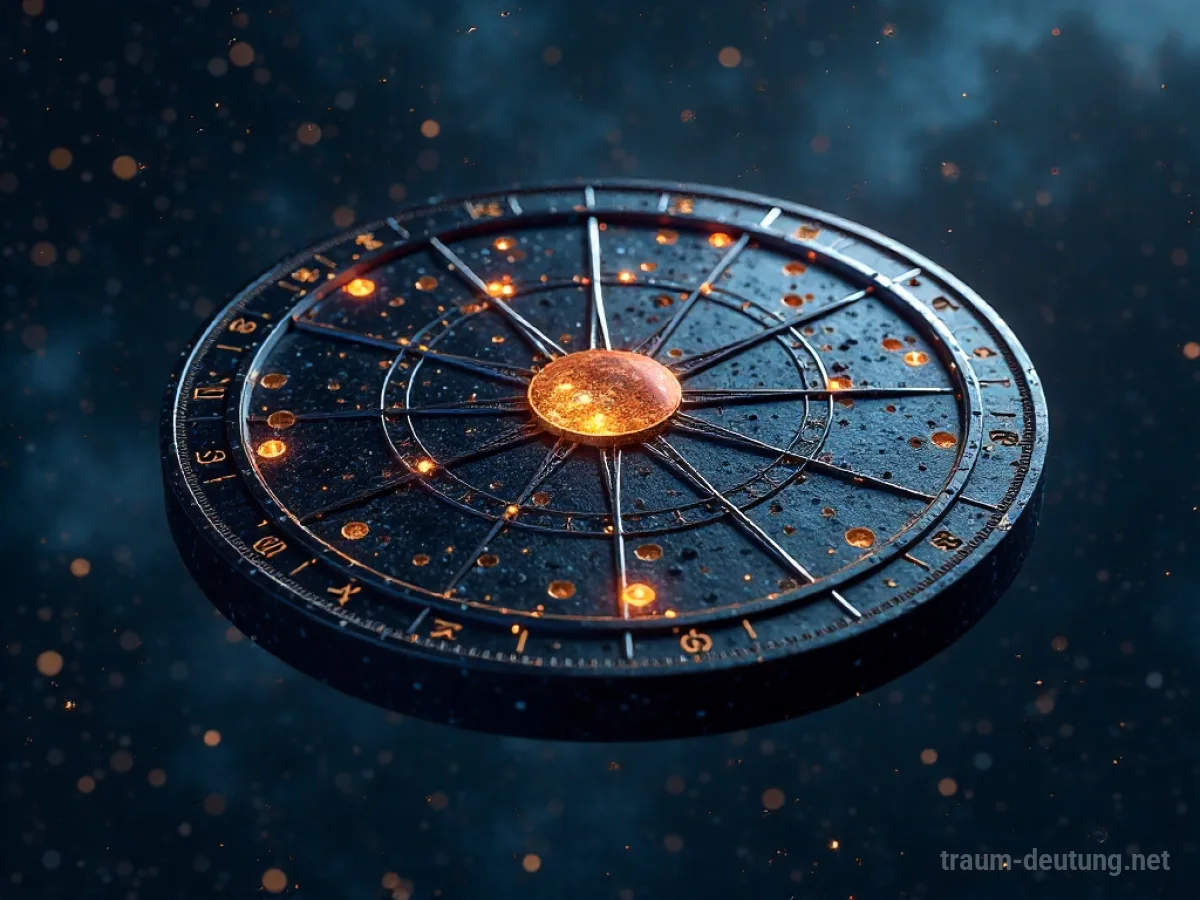 Traumsymbol Zodiakus: Ein leuchtendes Zodiakusrad aus Obsidian schwebt in einem sternenklaren kosmischen Nichts, beleuchtet von ätherischem Mondlicht.