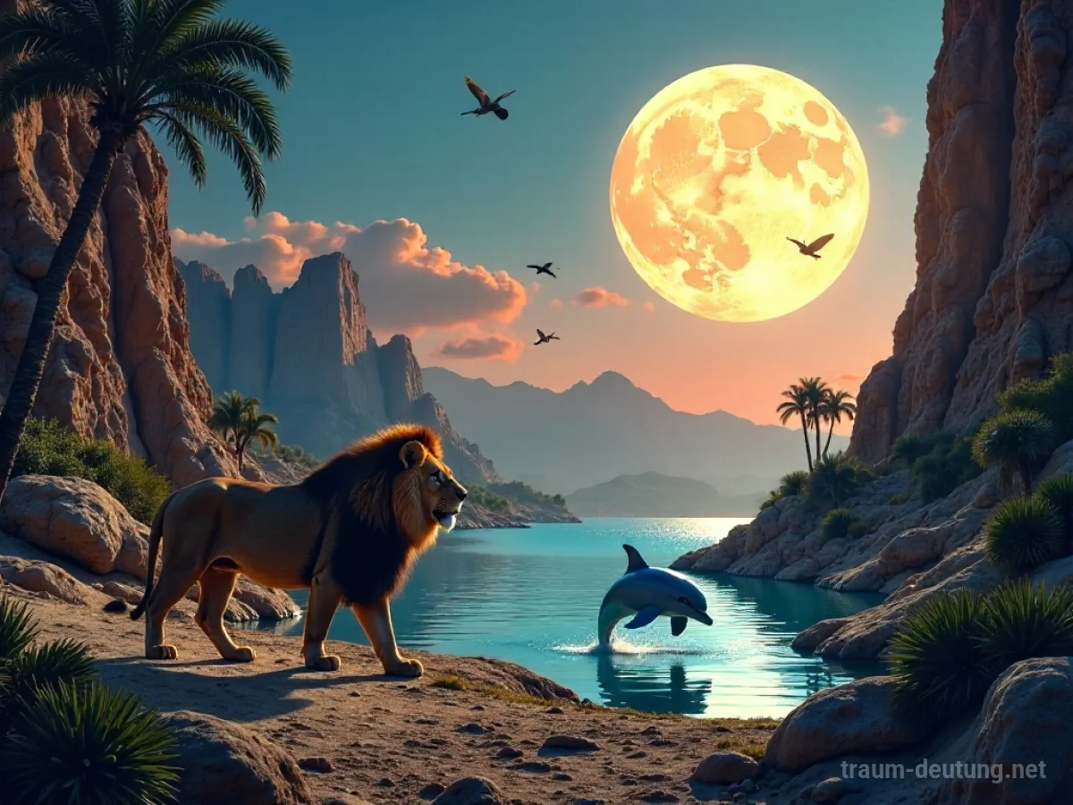 Traumdeutung Zoologie: Eine surreale Landschaft mit friedlich koexistierenden Tieren wie einem Löwen und einem Delfin unter einem großen, leuchtenden Mond.