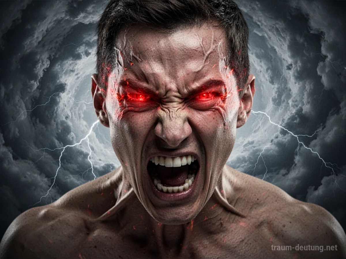 Traumsymbol Zorn: Ein menschliches Gesicht, verzerrt vor Wut, mit glühenden Augen und einem Hintergrund aus stürmischen Wolken und Blitzen.