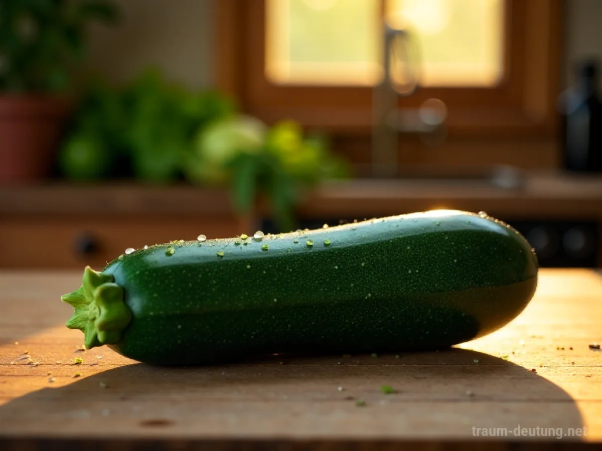Traumsymbol Zucchini: Eine reife, dunkelgrüne Zucchini liegt auf einem rustikalen Holztisch im warmen Morgenlicht, mit feinen Tautropfen auf der glatten Oberfläche.