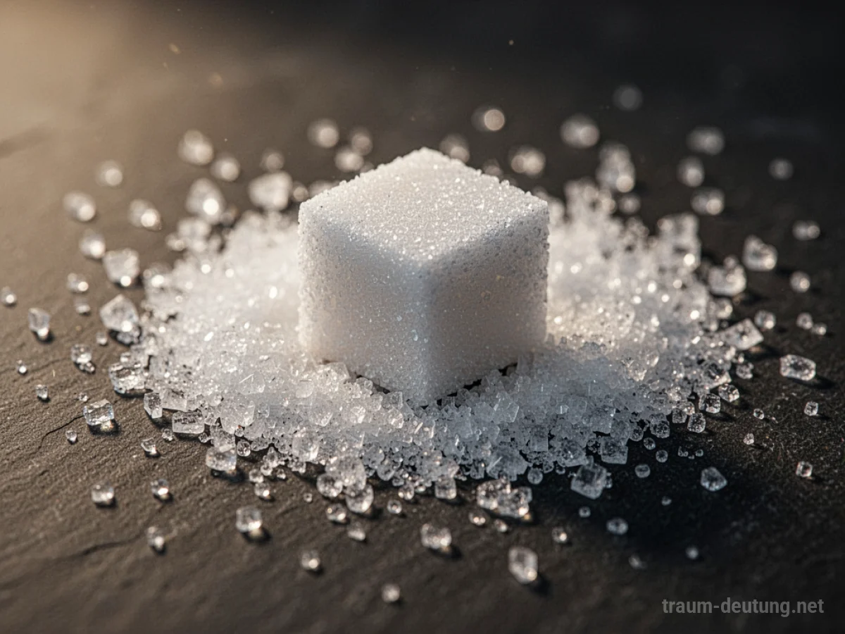 Traumsymbol Zucker: Glitzernde Zuckerkristalle und ein einzelner Zuckerwürfel liegen auf einer dunklen, texturierten Oberfläche im warmen Licht.