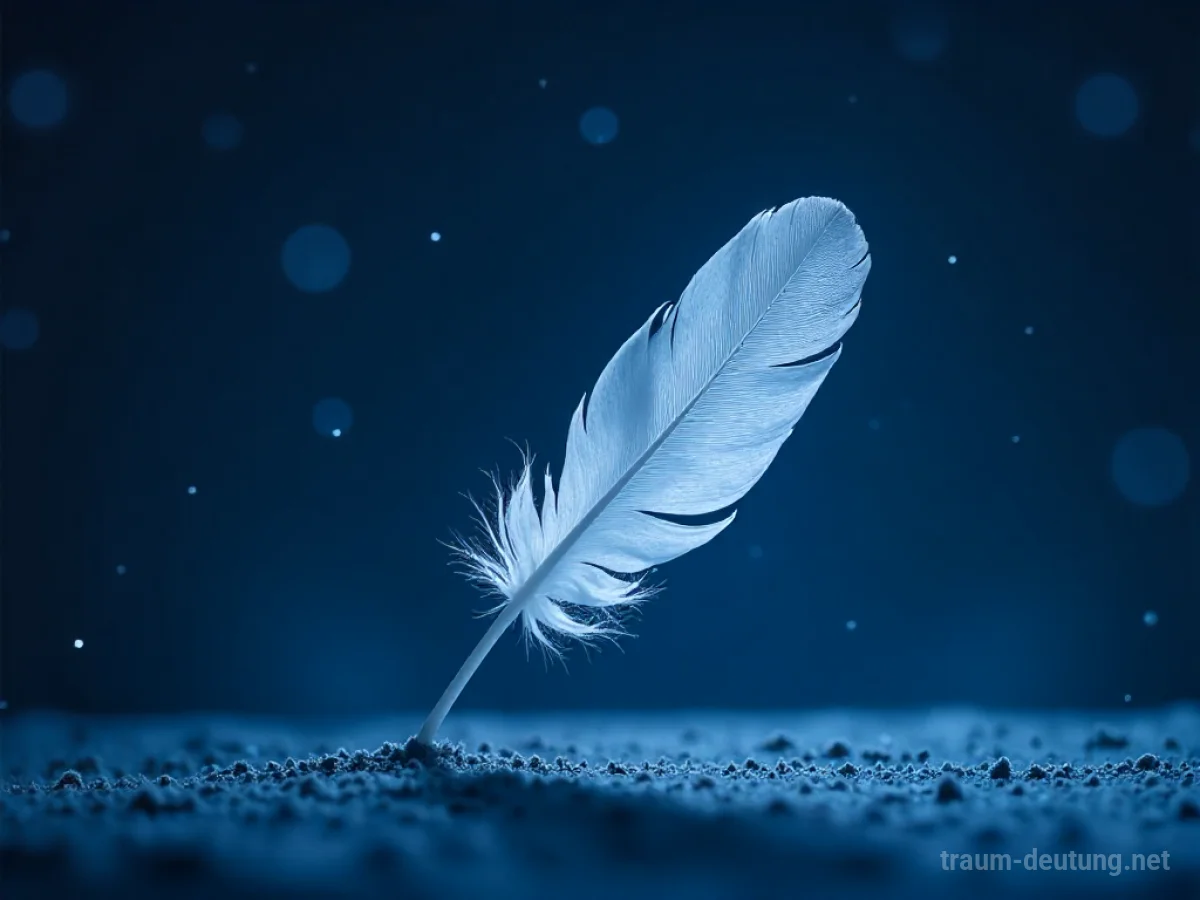 Traumsymbol Zufall: Eine einzelne, weiße Feder schwebt sanft im Sternenhimmel, beleuchtet von Mondlicht.
