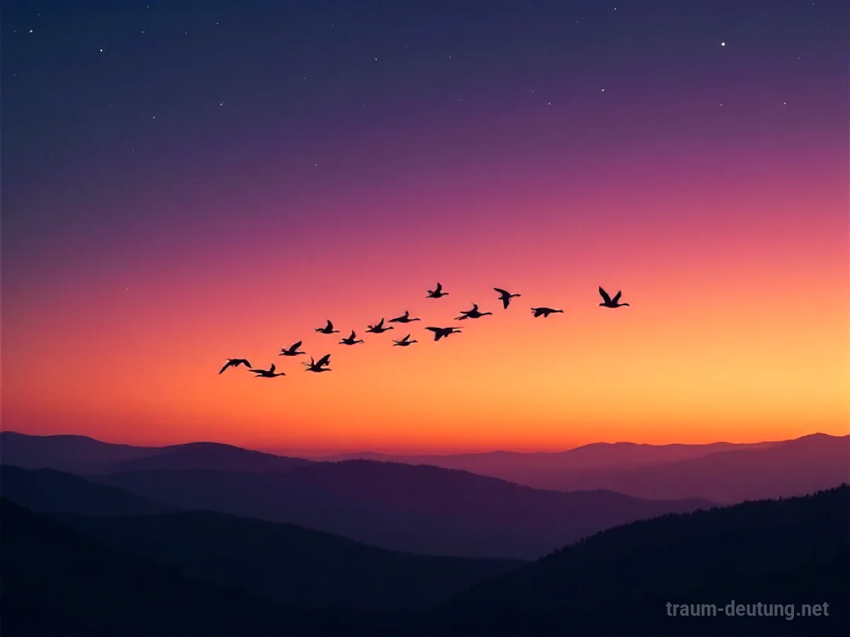 Traumsymbol Zugvogel: Eine Vogelschar in V-Formation fliegt gen Süden unter einem tiefblauen Abendhimmel über sanften Hügeln.