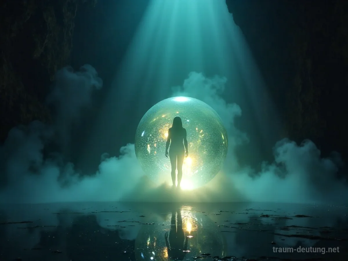 Traumsymbol Zustand: Eine ätherische Kammer mit wirbelndem Nebel und einem zentralen, pulsierenden, schimmernden Orb, der fragmentierte menschliche Silhouetten reflektiert.