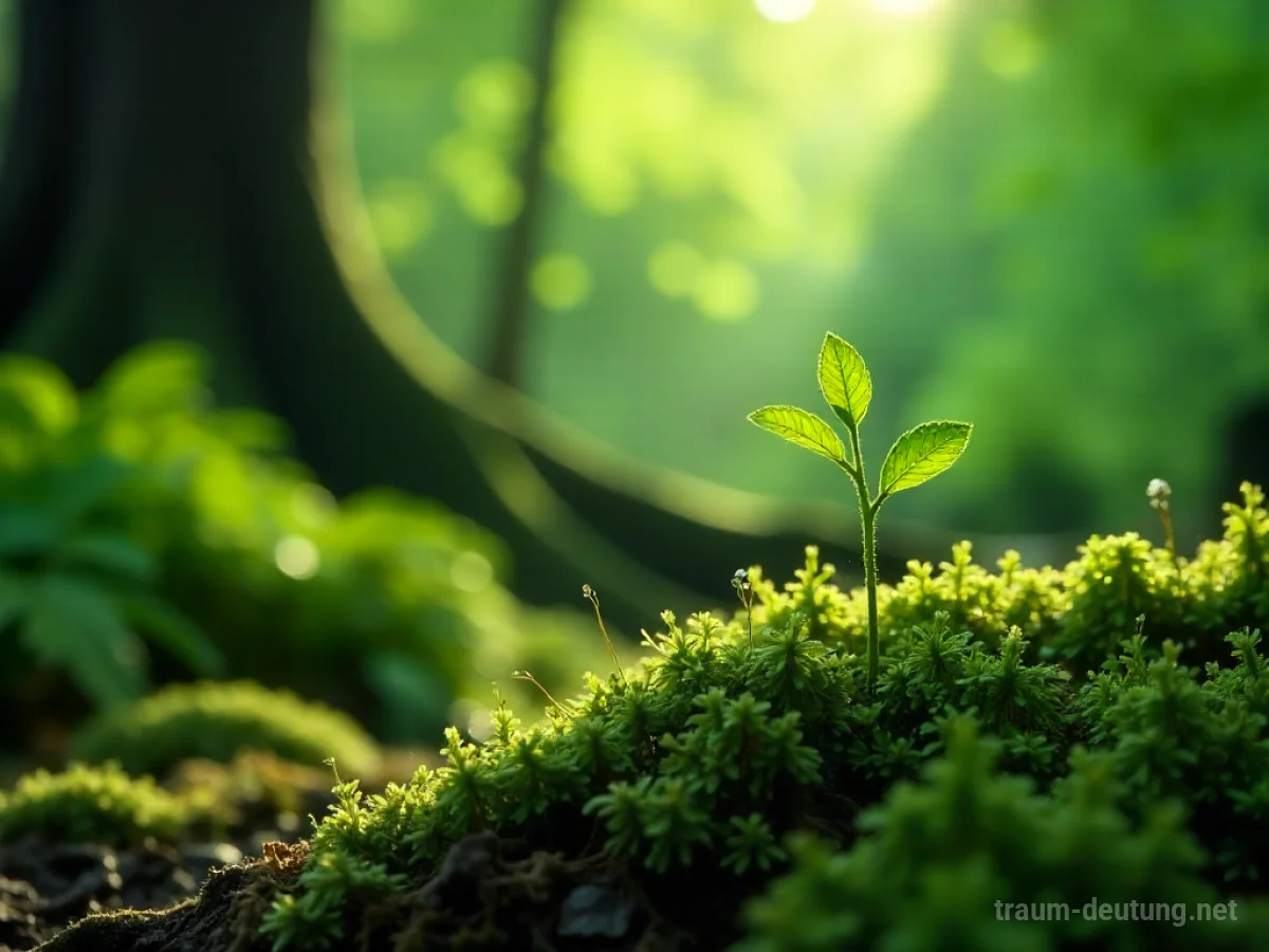 Traumsymbol Zweig: Ein feiner grüner Zweig mit Tautropfen liegt auf moosigem Waldboden im sanften Licht.