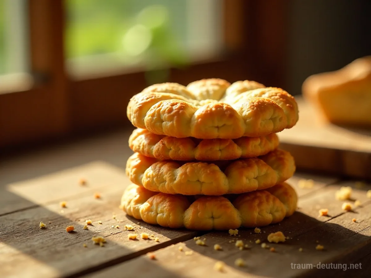 Traumsymbol Zwieback: Ein Stapel goldbrauner, knuspriger Zwieback-Kekse liegt auf einem rustikalen Holztisch, beleuchtet von warmem Morgenlicht.