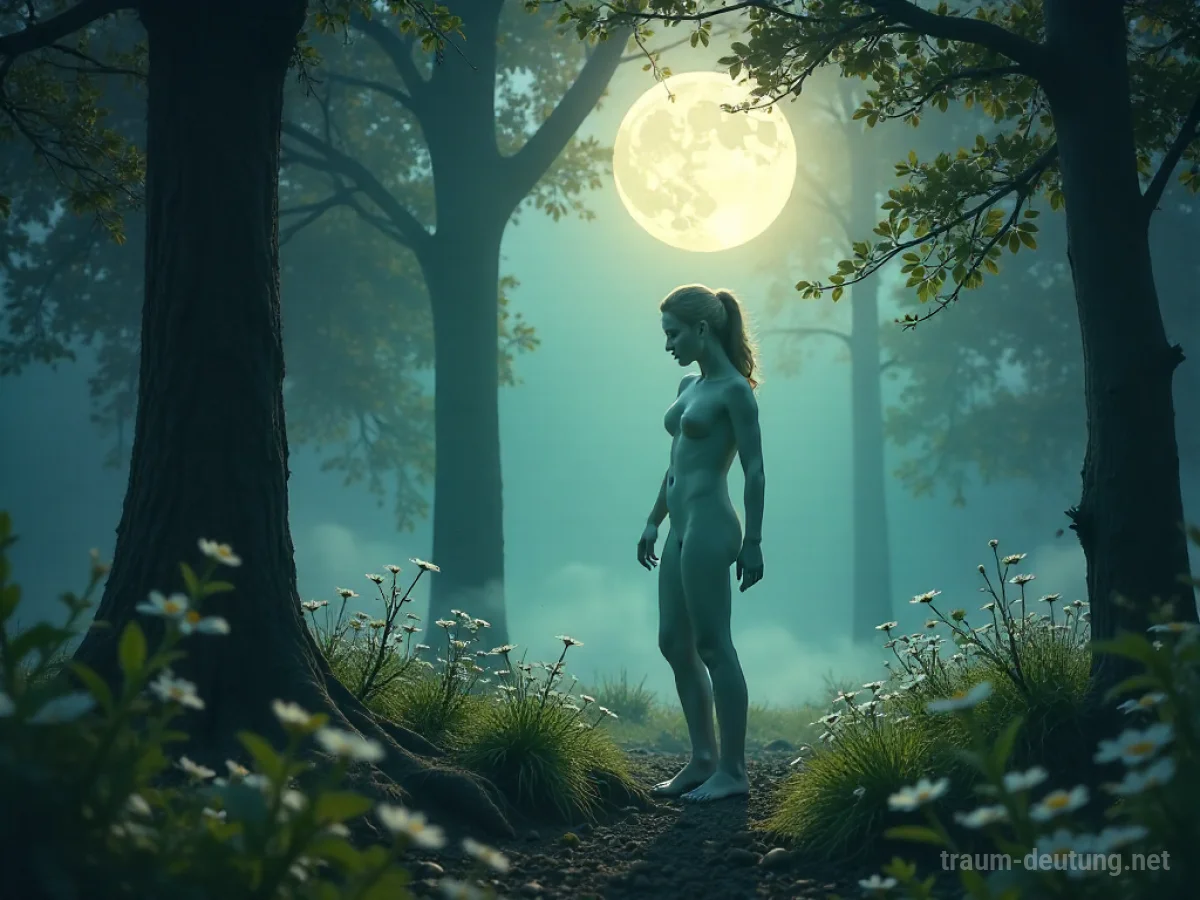 Traumsymbol Zwitter: Eine ätherische, androgyne Figur verschmilzt in einem nebligen Waldlicht mit männlichen und weiblichen Merkmalen, beleuchtet von sanftem Mondlicht.