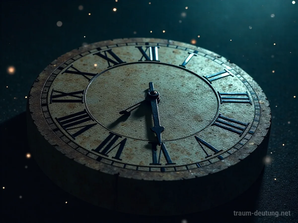 Traumsymbol Zwölf: Ein hölzernes Zifferblatt einer alten Uhr mit römischen Ziffern, das Zwölf prominent zeigt, vor einem sternenklaren Nachthimmel mit Mondlicht.
