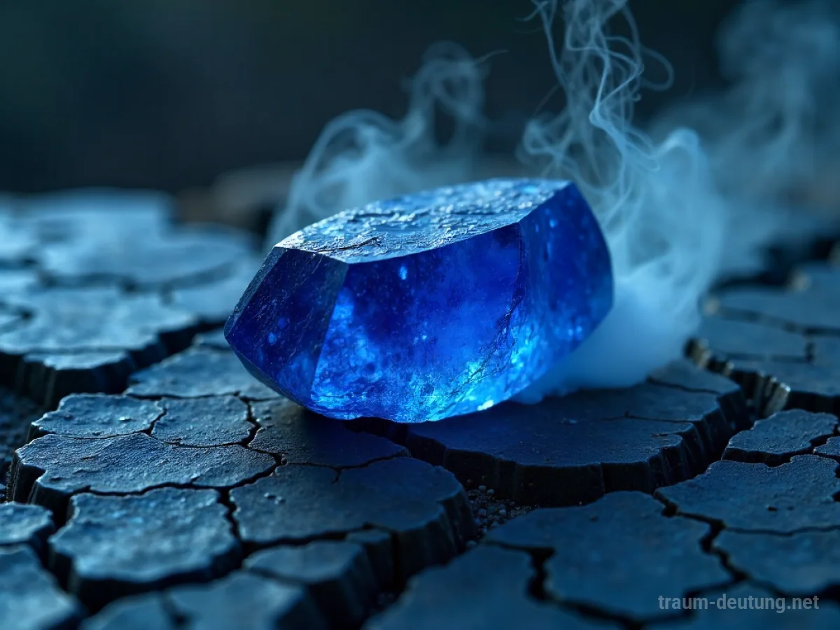 Traumsymbol Zyanid: Ein blauer, kristalliner Zyanid-Scherbe liegt auf dunklem Obsidian unter fahlem Mondlicht, umgeben von dunklem Rauch.
