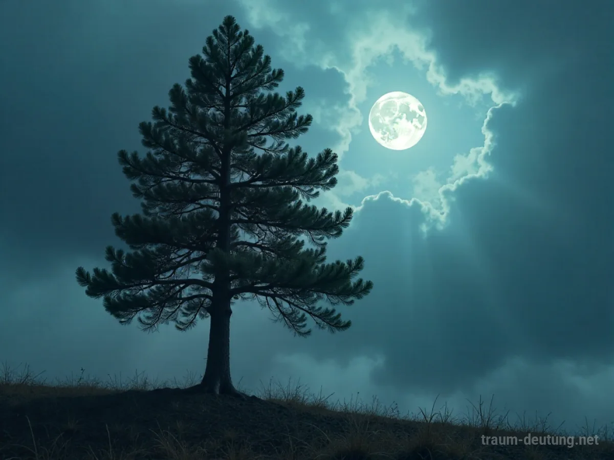 Traumsymbol Zypresse: Ein hoher, schlanker Zypressenbaum steht vor einem dunklen, stürmischen Himmel im Mondlicht, umgeben von Nebel und feuchter Erde.